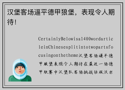 汉堡客场逼平德甲狼堡，表现令人期待！